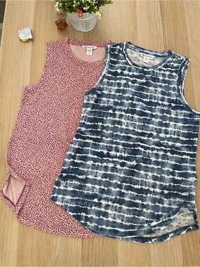 Athleta Pink Leopard & Blue Tie-Dye Sleeveless Tanks - 2 Pack